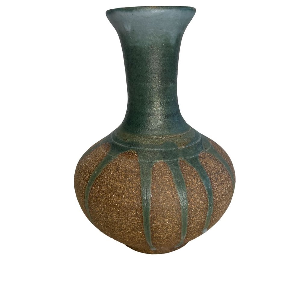 Hand Thrown Studio Art Pottery Textured Drip Glaze Long Neck Vase Green Brown